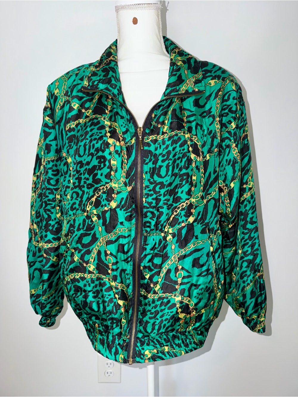 EVR Full-zip Silk Bomber Jacket w/ Removable Shoulder Pads Chain-link Pattern